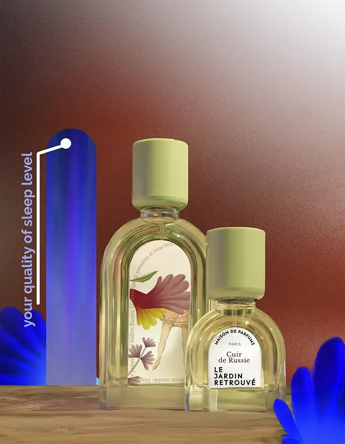 Niche fragrance Cuir de Russie on soothing brown background, wellbeing scent enhancing quality of sleep