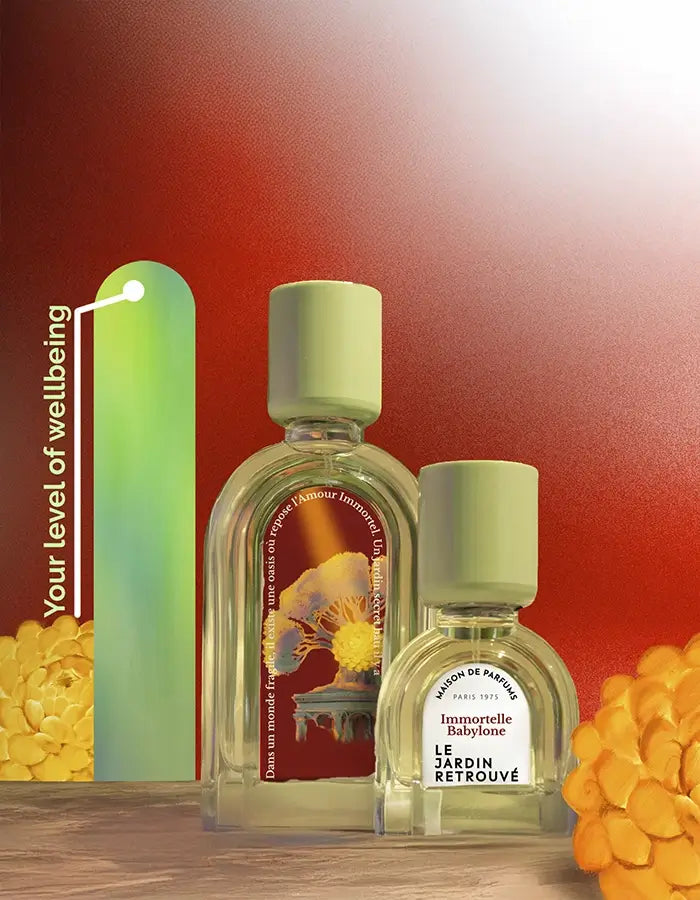Niche fragrance Immortelle Babylone on vibrant red background, wellbeing scent with regenerating properties