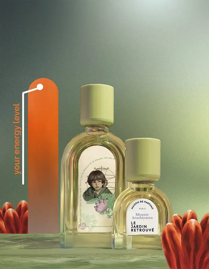 Niche fragrance Mousse Arashiyama on natural green background, energizing scent boosting your vitality