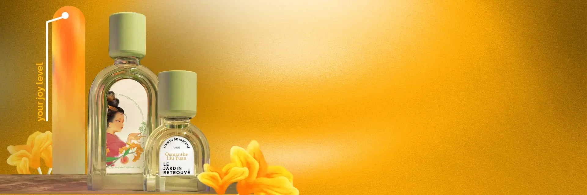 Niche fragrance Osmanthe Liu Yuan on bright yellow background, mood-boosting perfume with maximum joy level
