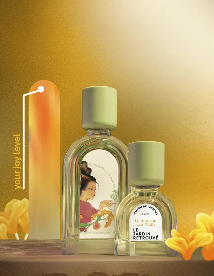 Niche fragrance Osmanthe Liu Yuan on bright yellow background, mood-boosting perfume with maximum joy level