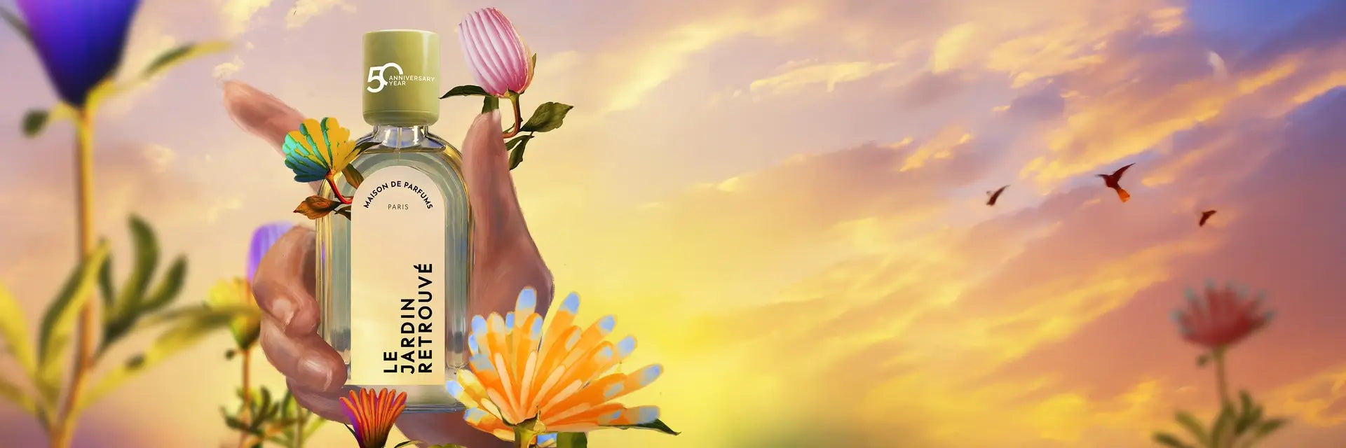 Banner for the brand’s 50th anniversary – clear sky with flowers and birds.