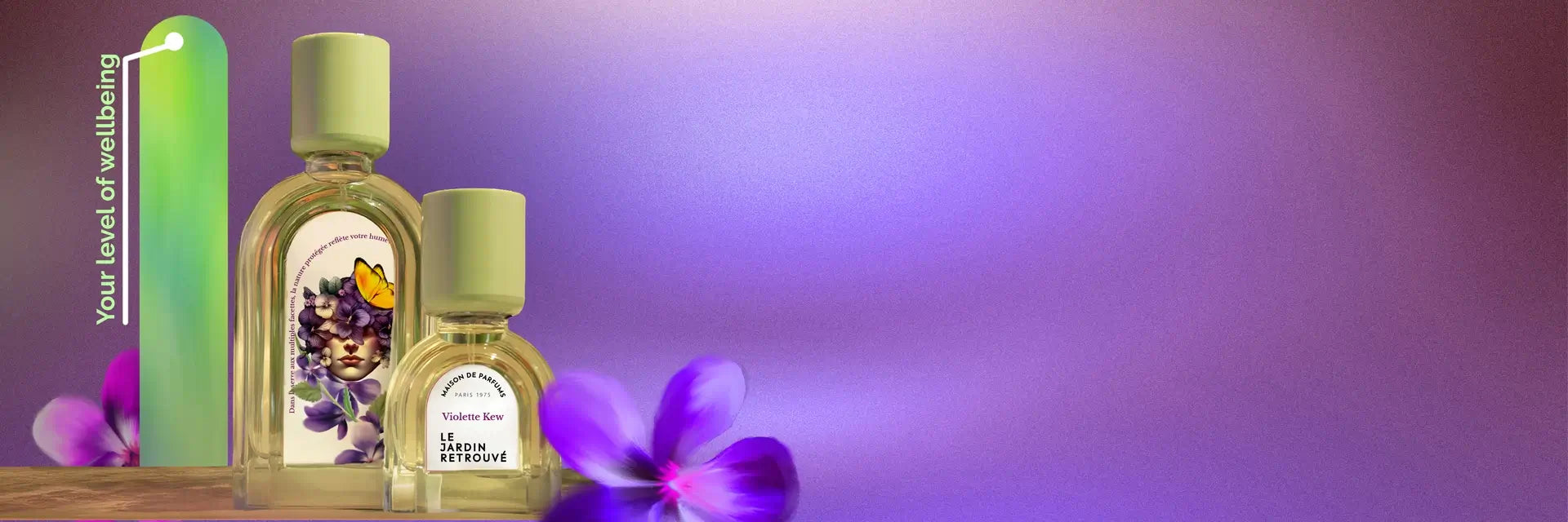 Niche fragrance Violette Kew on soft purple background, calming floral wellbeing scent