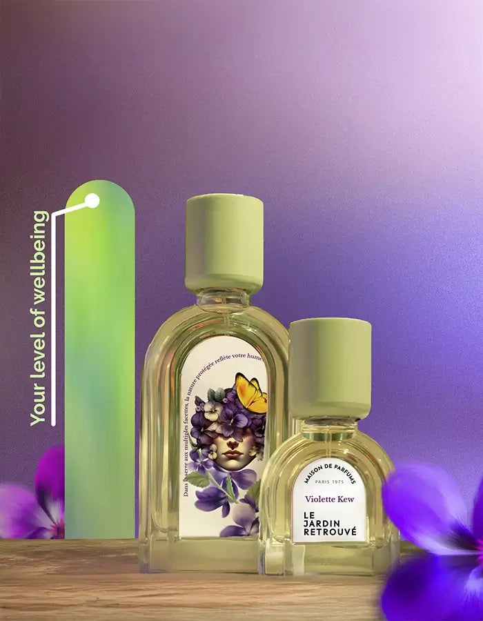 Niche fragrance Violette Kew on soft purple background, calming floral wellbeing scent