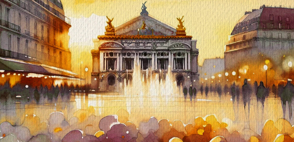 Bannière officiel du parfum Cuir de Russie du Jardin Retrouvé / la bannière représente une illustration du d'un théâtre as Saint Petersburg