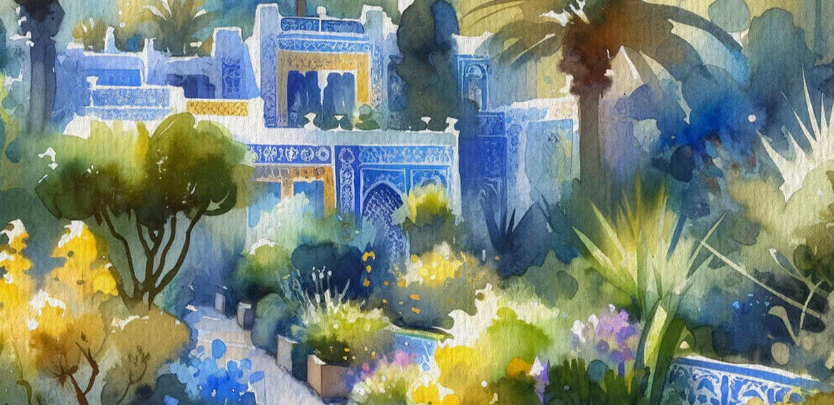 Bannière officiel du parfum Jasmin Majorelle du Jardin Retrouvé / la bannière représente une illustration du Jardin Jasmin Majorelle au Maroc