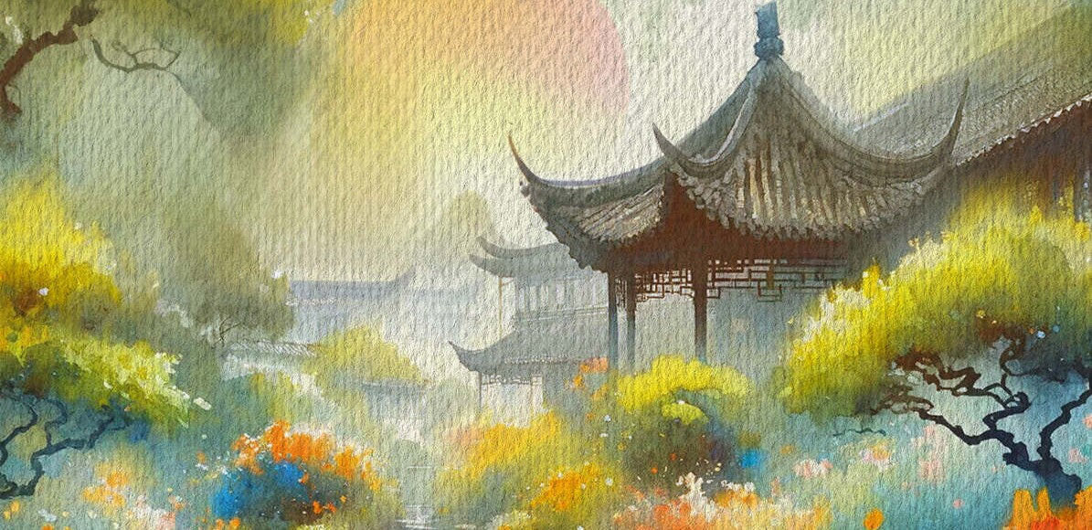 Bannière de Osmanthe Liu Yuan du Jardin Retrouvé / c'est une illustration on y trouve un jardin chinois avec de très belle couleur oranger