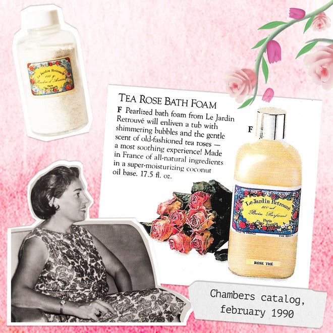 Chamber catalog de 1990 , photo de Arlette Gutsatz, avec une presse de Tea rose bath foam du Jardin Retrouvé