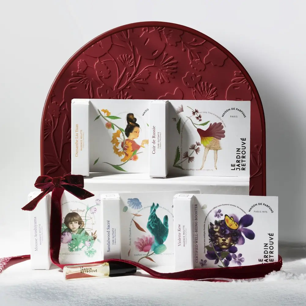 Set Découverte Moodbooster by Le Jardin Retrouvé, featuring artisanal perfumes scientifically crafted to enhance mood and wellbeing, perfect for uplifting gifting moments.