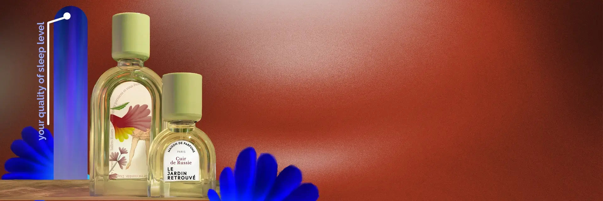 Niche fragrance Cuir de Russie on soothing brown background, wellbeing scent enhancing quality of sleep