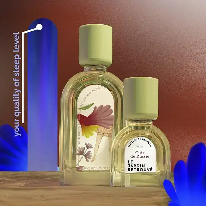 Niche fragrance Cuir de Russie on soothing brown background, wellbeing scent enhancing quality of sleep