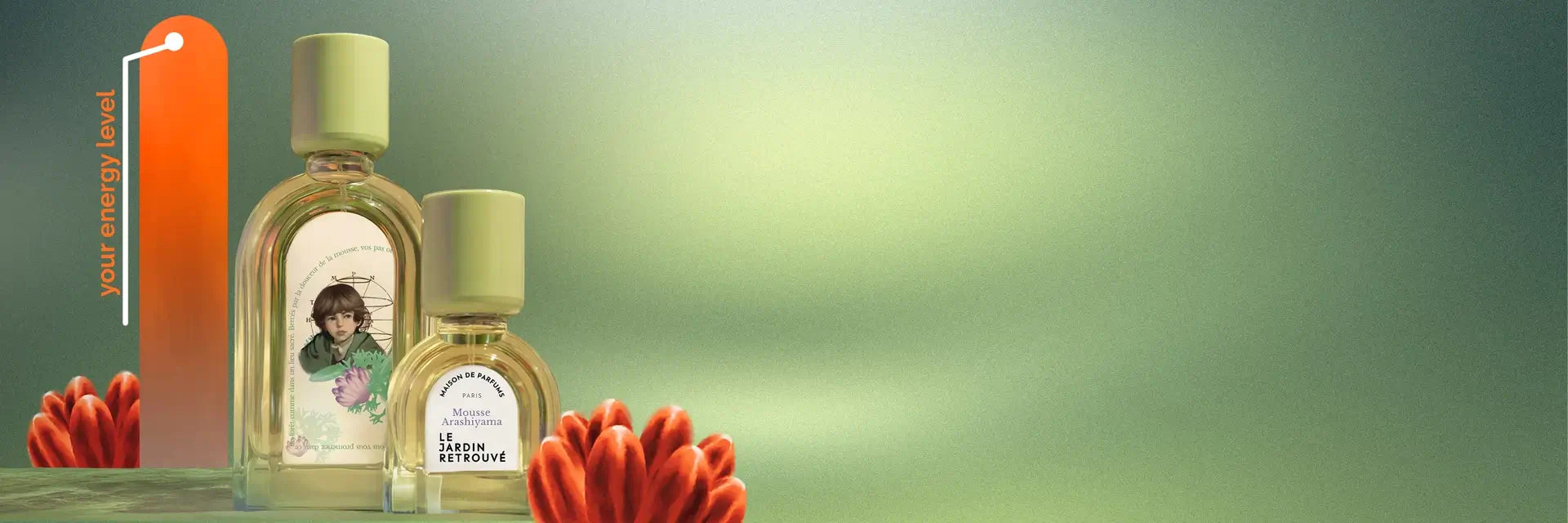 Niche fragrance Mousse Arashiyama on natural green background, energizing scent boosting your vitality