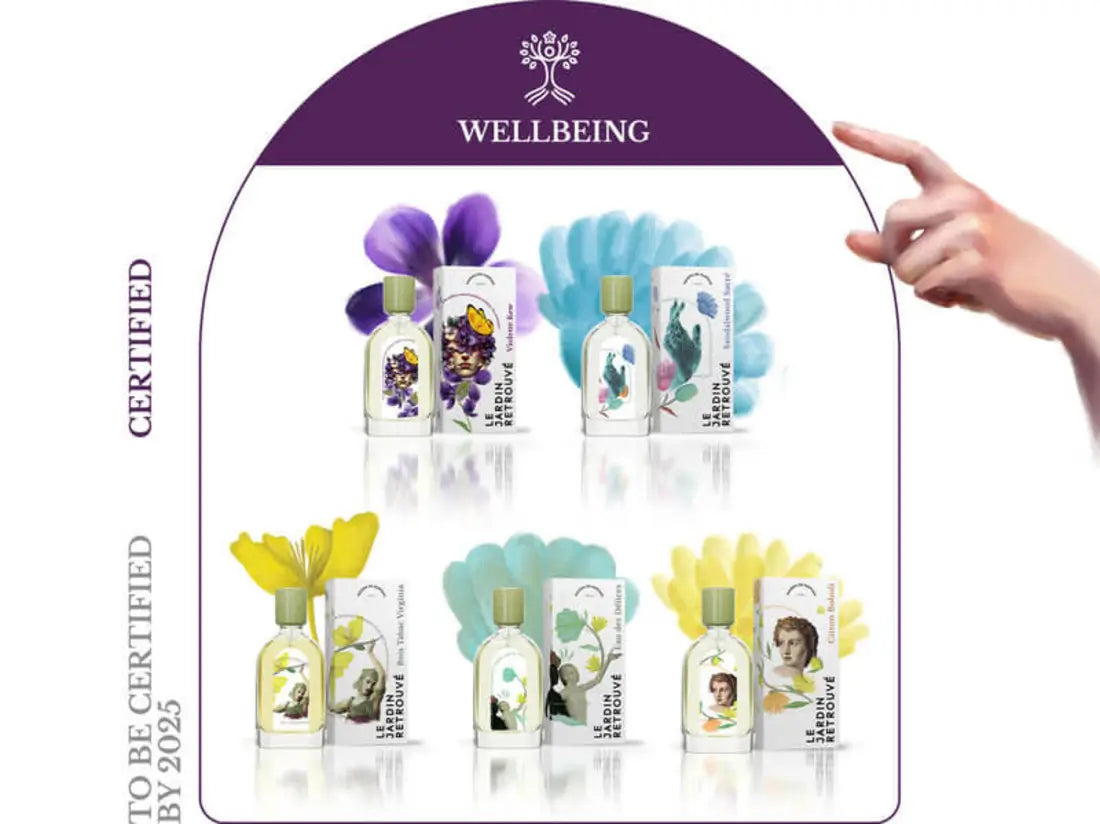 Image of five perfumes representing wellbeing: Violette Kew and Sandalwood Sacré (certified), with Bois Tabac Virginia, Eau des Délices, and Citron Boboli set to be certified in 2025.