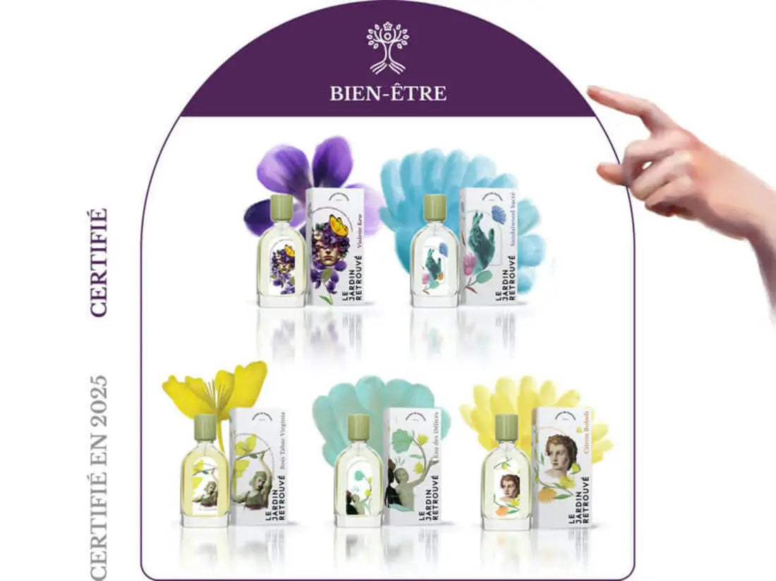 Image de cinq parfums représentant le bien-être : Violette Kew et Sandalwood Sacré (certifiés), avec Bois Tabac Virginia, Eau des Délices et Citron Boboli à certifier en 2025.