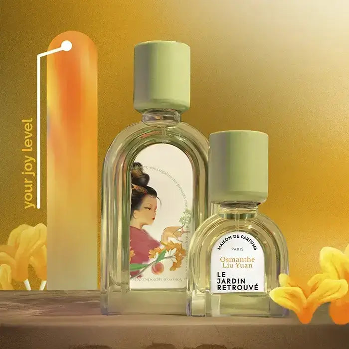 Niche fragrance Osmanthe Liu Yuan on bright yellow background, mood-boosting perfume with maximum joy level