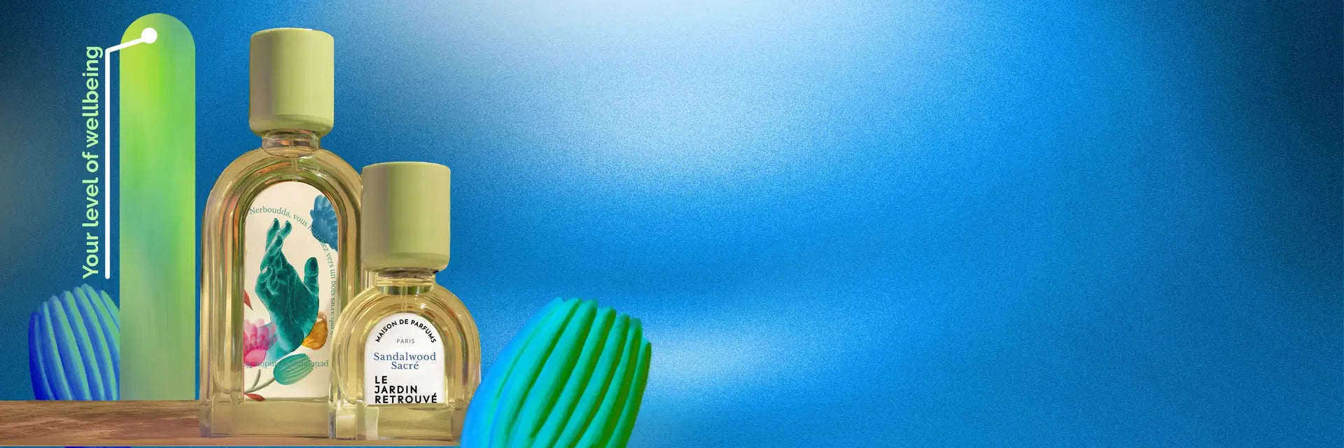Niche fragrance Sandalwood Sacré on deep blue background, mood-boosting scent evoking deep wellbeing