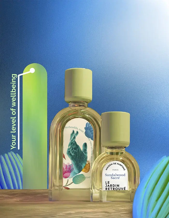 Niche fragrance Sandalwood Sacré on deep blue background, mood-boosting scent evoking deep wellbeing