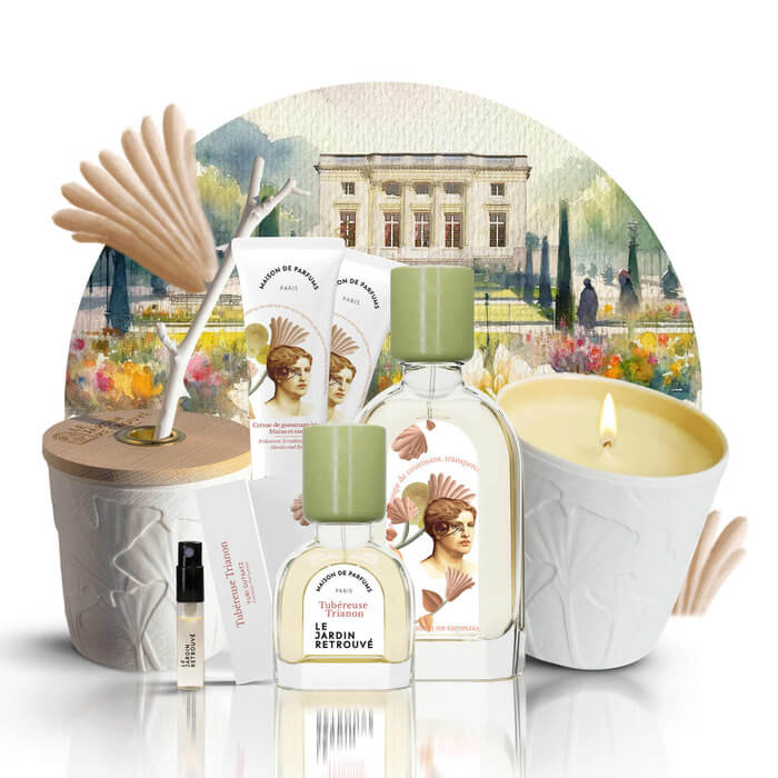 Image de la collection Tubéreuse Trianon du Jardin Retrouvé / on y trouve le diffuseur , les deux crème de la collection bodycare, le mini spray , le parfum 15 et 50ml et la bougie / il y'a une illustration derrière qui représente un jardin rempli de Tubéreuse