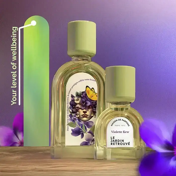 Niche fragrance Violette Kew on soft purple background, calming floral wellbeing scent