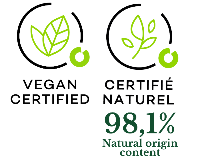 Icon of 98.2% ingredients of natural origin. Vegan. For Bois Tabac Virginia