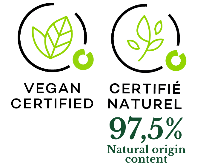 Icon of 97.6% ingredients of natural origin. Vegan. For Cuir de Russie