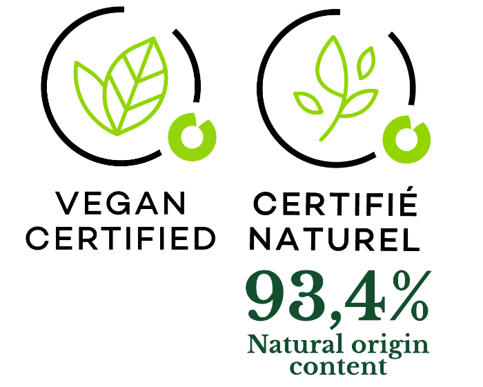 Icon of 93.4% ingredients of natural origin. Vegan. For Rose Trocadéro