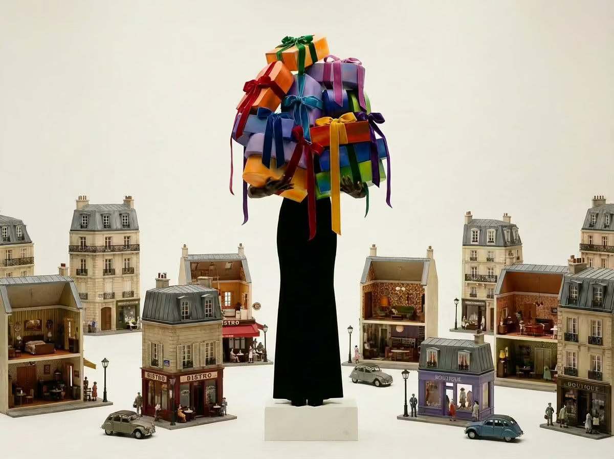 a woman with tons of gifts