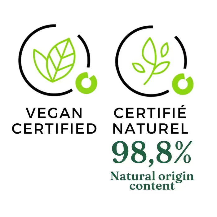 Icon of 98.8% ingredients of natural origin. Vegan. For Verveine D'été